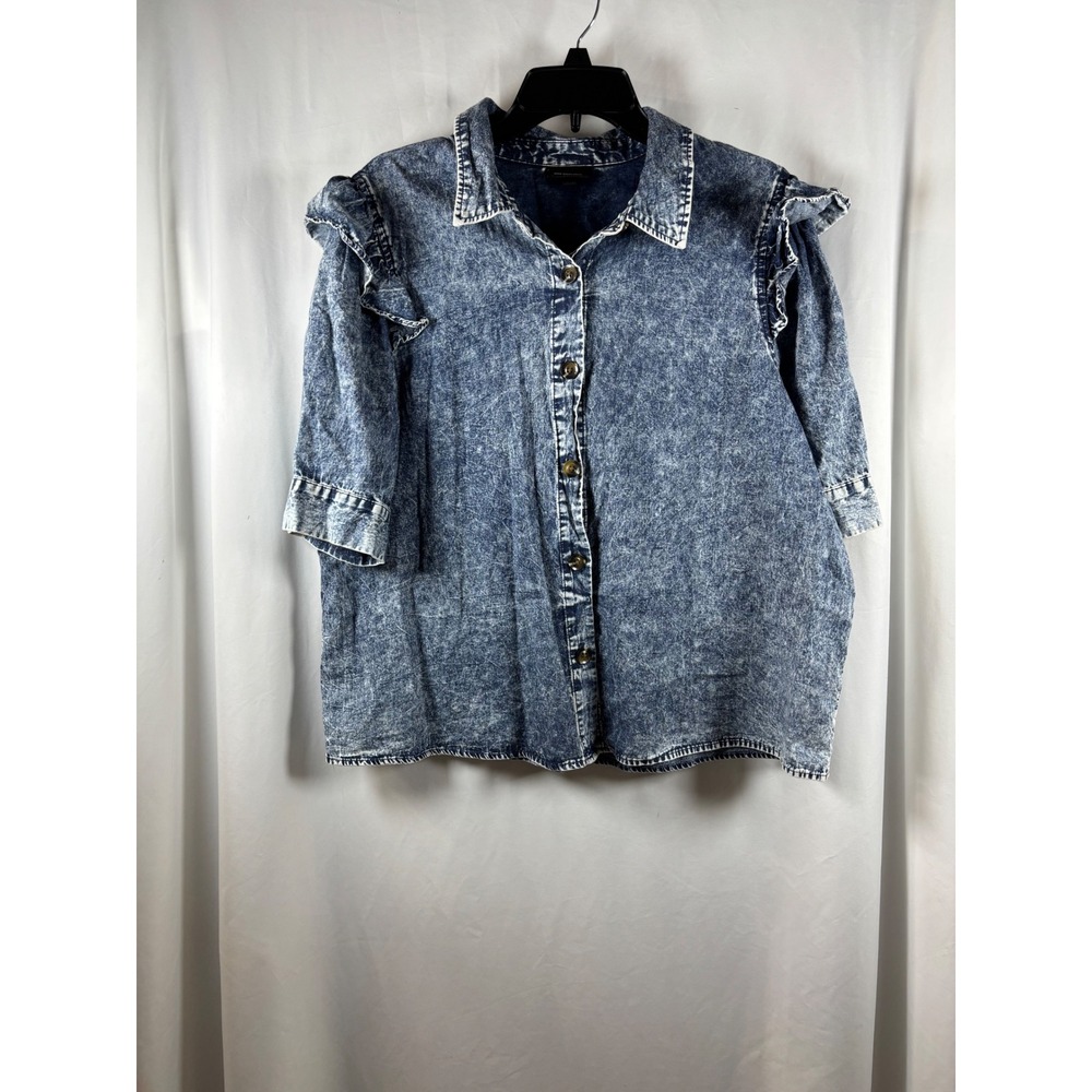 Who What Wear Womens XXL Acid Wash Denim Ruffle Shoulder Button Down Top Blue